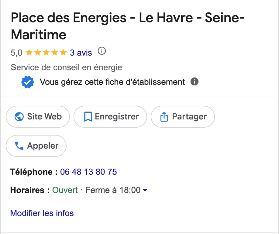 Fiche Google Business Profile de Place des Énergies, conseil en énergie au Havre